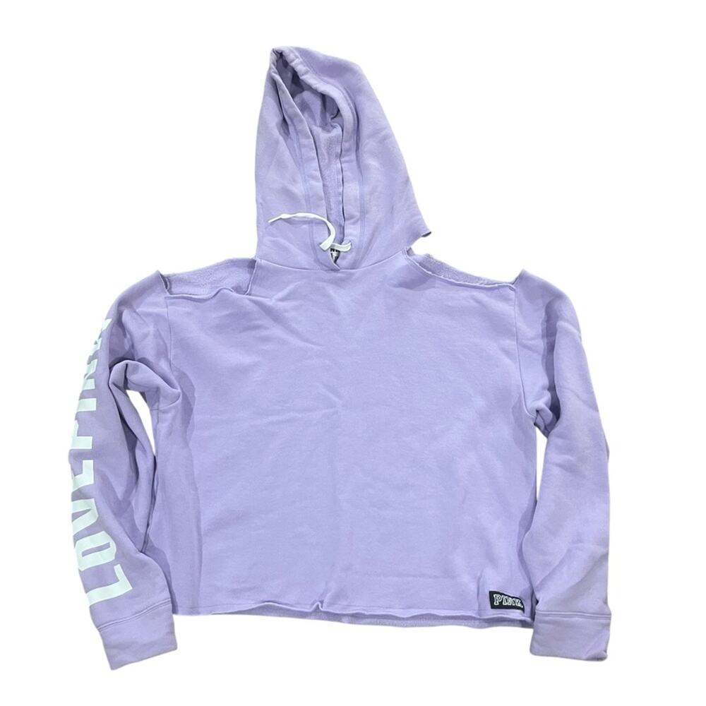PINK Womens Cropped Purple Sweatshirt Open Shoulder Hoodie Size Small Comfy Long